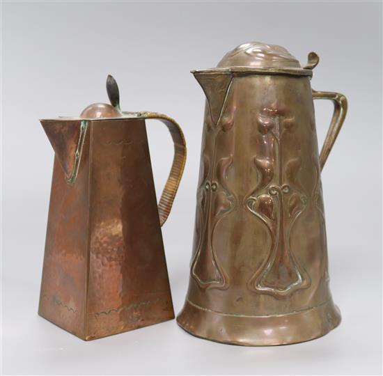 A Newlyn copper hot water jug of angular form with rattan-covered handle and a Joseph Sankey copper water jug H 21cm & 26cm